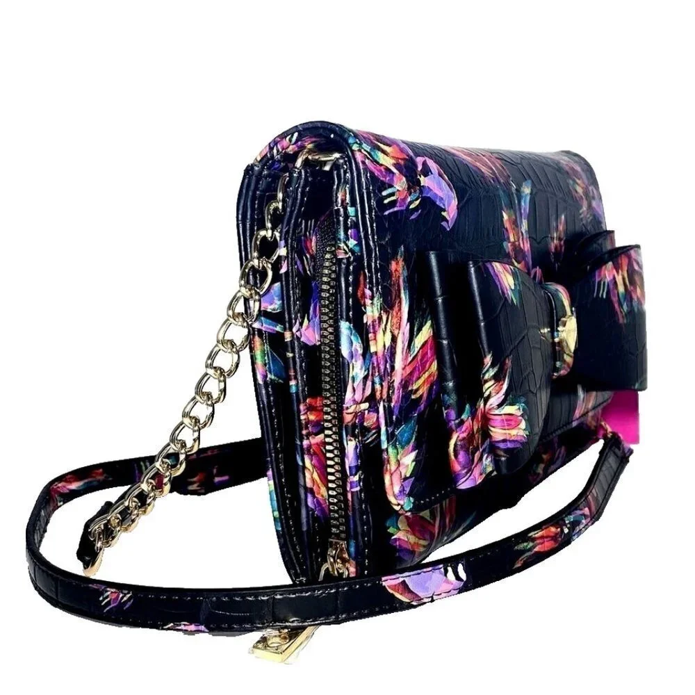 Betsey Johnson Crossbody Shoulderbag Clutch Wallet Bow Front Black Floral - Picture 5 of 10